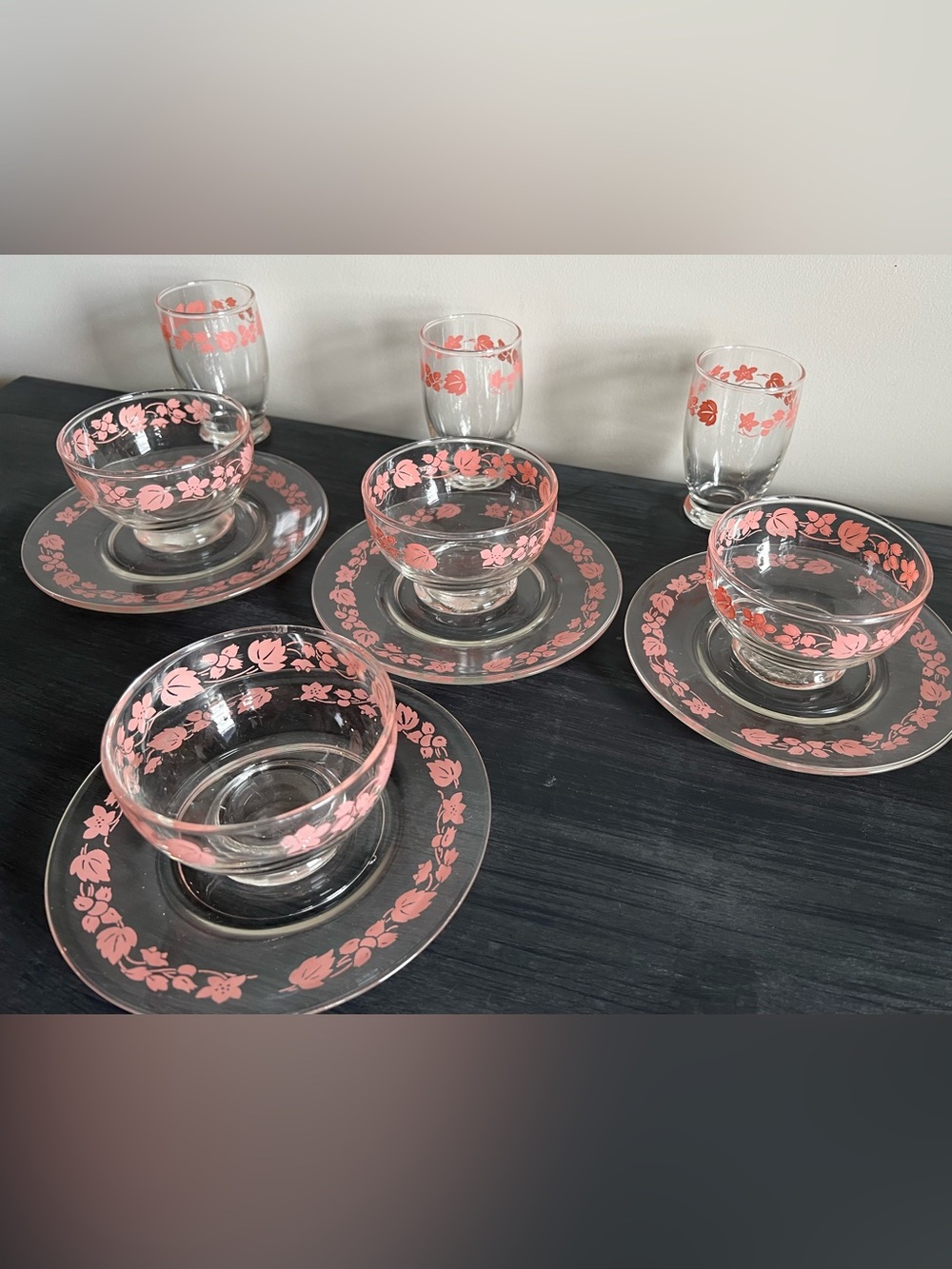 11 Piece Vintage Mid Century Anchor Hocking Pink Gooseberry Dessert Sets